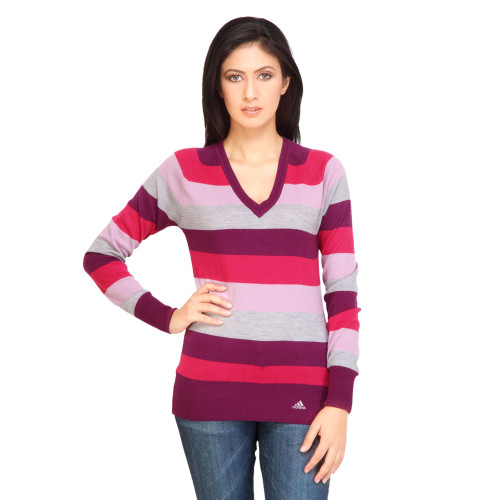 ADIDAS Women Stripes Purple Sweaters